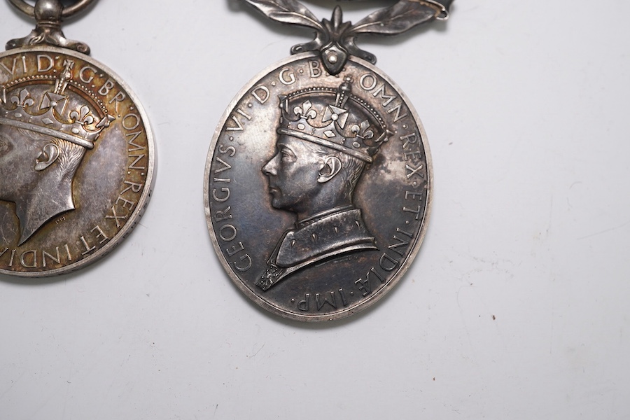 Three assorted service medals; Ed VII Volunteer Officer's Decoration hallmarked for 1905; GV Imperial Service medal to Walter Charles Cornish; GVI Territorial Efficiency medal to 2062789 . S/Sgt. L.W.Sergeant. R.A. Condi